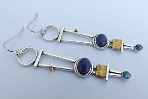 Long Silver Tone, Blue & Faux Gold Drop Earrings