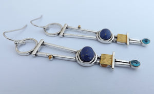 Long Silver Tone, Blue & Faux Gold Drop Earrings