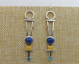 Long Silver Tone, Blue & Faux Gold Drop Earrings