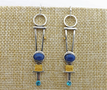 Load image into Gallery viewer, Long Silver Tone, Blue &amp; Faux Gold Drop Earrings
