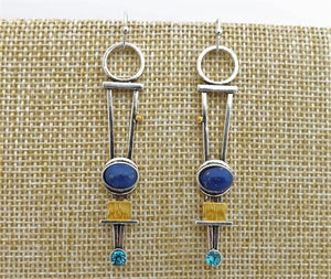 Long Silver Tone, Blue & Faux Gold Drop Earrings