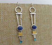 Load image into Gallery viewer, Long Silver Tone, Blue &amp; Faux Gold Drop Earrings
