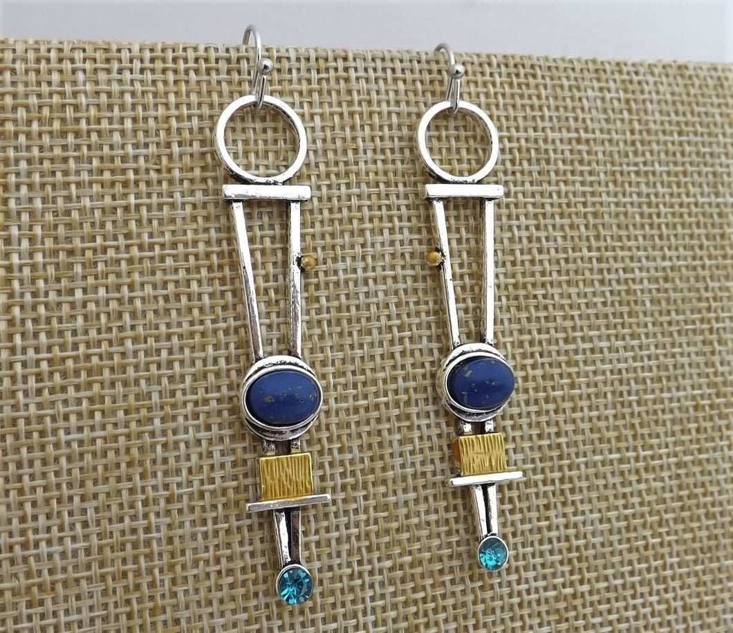 Long Silver Tone, Blue & Faux Gold Drop Earrings