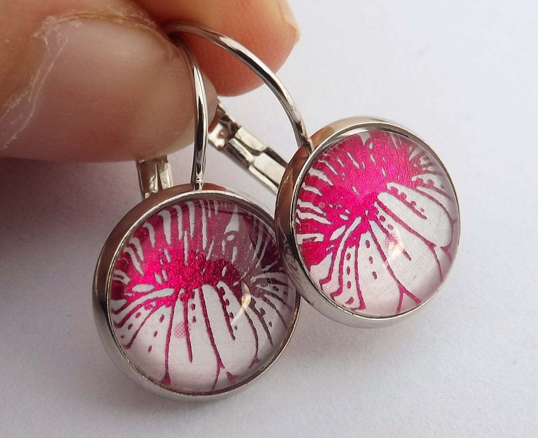 Metallic Pink on White - Dome Earrings on Lever Back Hooks