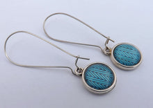 Load image into Gallery viewer, Mid Blue Dome Earrings on Long Silver Tone Kidney Hooks
