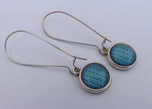 Load image into Gallery viewer, Mid Blue Dome Earrings on Long Silver Tone Kidney Hooks
