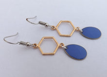 Load image into Gallery viewer, Mid Blue Drop Earrings with Gold Tone Hexagon
