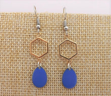 Load image into Gallery viewer, Mid Blue Drop Earrings with Gold Tone Hexagon
