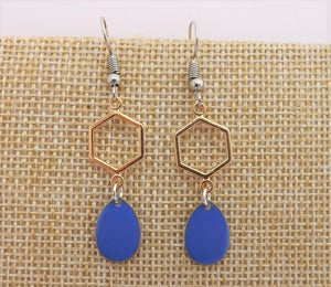 Mid Blue Drop Earrings with Gold Tone Hexagon