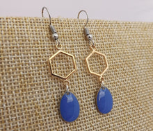 Load image into Gallery viewer, Mid Blue Drop Earrings with Gold Tone Hexagon
