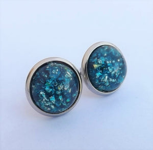 Mid Blue & Black Glittery Stud Earrings