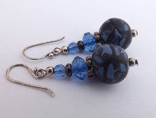 Load image into Gallery viewer, Mid Blue &amp; Black Kathryn Design Bead Earrings on Sterling Silver Hooks
