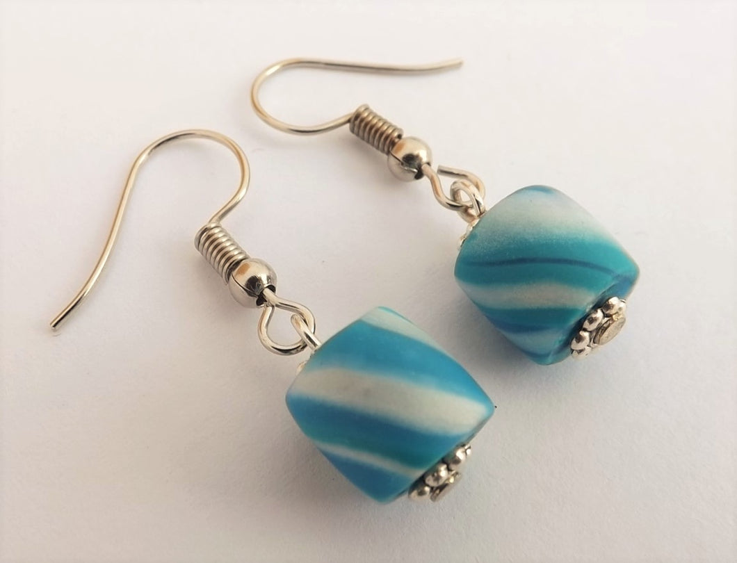 Mid Blue & White Kathryn Design Bead Drop Earrings