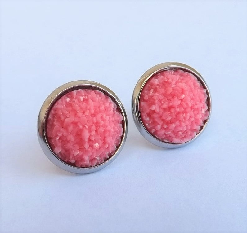 Mid Pink Glittery Stud Earrings