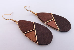 Mixed Wood & Gold Tone Metal Drop Earrings