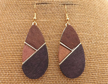 Load image into Gallery viewer, Mixed Wood &amp; Gold Tone Metal Drop Earrings
