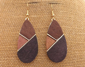 Mixed Wood & Gold Tone Metal Drop Earrings