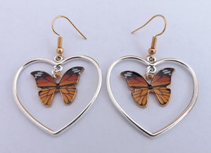 Monarch Butterfly in Silver Tone Heart, Drop Earrings