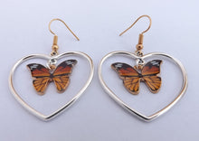 Load image into Gallery viewer, Monarch Butterfly in Silver Tone Heart, Drop Earrings
