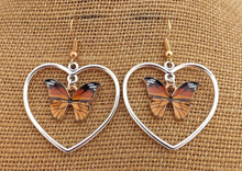 Load image into Gallery viewer, Monarch Butterfly in Silver Tone Heart, Drop Earrings
