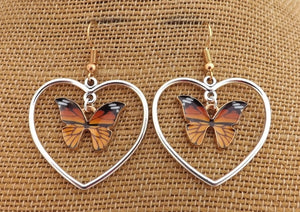 Monarch Butterfly in Silver Tone Heart, Drop Earrings