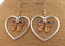 Load image into Gallery viewer, Monarch Butterfly in Silver Tone Heart, Drop Earrings
