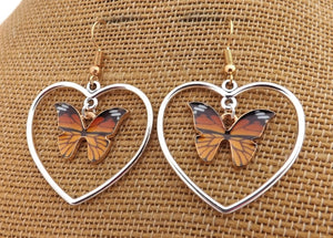 Monarch Butterfly in Silver Tone Heart, Drop Earrings