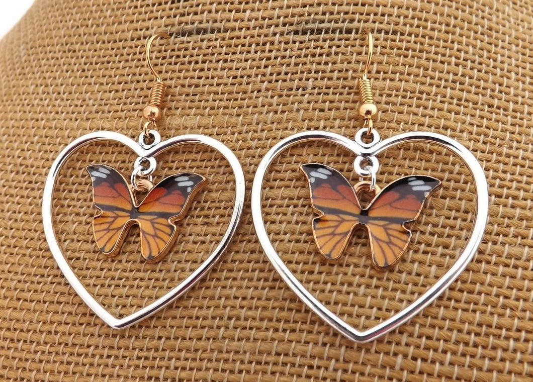 Monarch Butterfly in Silver Tone Heart, Drop Earrings