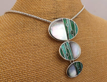 Load image into Gallery viewer, Mother of Pearl, Green &amp; Silver Round Drop Pendant Necklace
