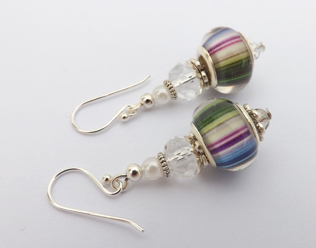 Multi Coloured Stripes Acrylic Bead Earrings on Sterling Silver Hooks