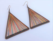 Load image into Gallery viewer, Multi Coloured Stretched Cord in Copper Tone Triangle, Drop Earrings
