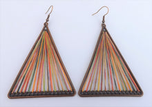 Load image into Gallery viewer, Multi Coloured Stretched Cord in Copper Tone Triangle, Drop Earrings
