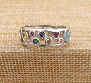 Multi Coloured & Silver Tone Costume Ring (size 10)