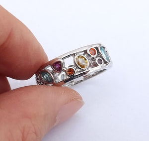 Multi Coloured & Silver Tone Costume Ring (size 10)