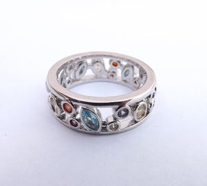 Multi Coloured & Silver Tone Costume Ring (size 10)