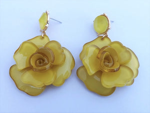 Mustard Yellow Floral Acrylic 3D Flower Drop Stud Earrings