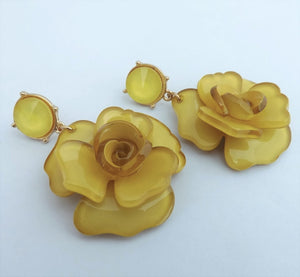 Mustard Yellow Floral Acrylic 3D Flower Drop Stud Earrings