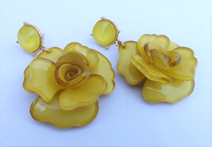 Mustard Yellow Floral Acrylic 3D Flower Drop Stud Earrings