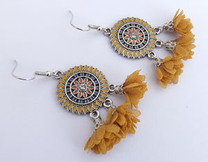 Silver Tone Chandelier Earrings with Flower Posy Tassel Drops (multiple colour options)