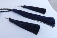 Load image into Gallery viewer, Navy Blue &amp; Grey Tassel &amp; Crystal Cut Beads, Necklace &amp; Earrings Set
