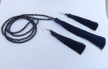 Load image into Gallery viewer, Navy Blue &amp; Grey Tassel &amp; Crystal Cut Beads, Necklace &amp; Earrings Set
