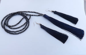 Navy Blue & Grey Tassel & Crystal Cut Beads, Necklace & Earrings Set