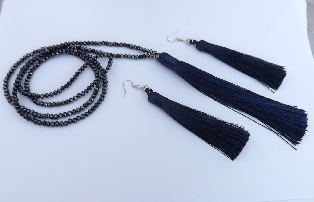 Navy Blue & Grey Tassel & Crystal Cut Beads, Necklace & Earrings Set