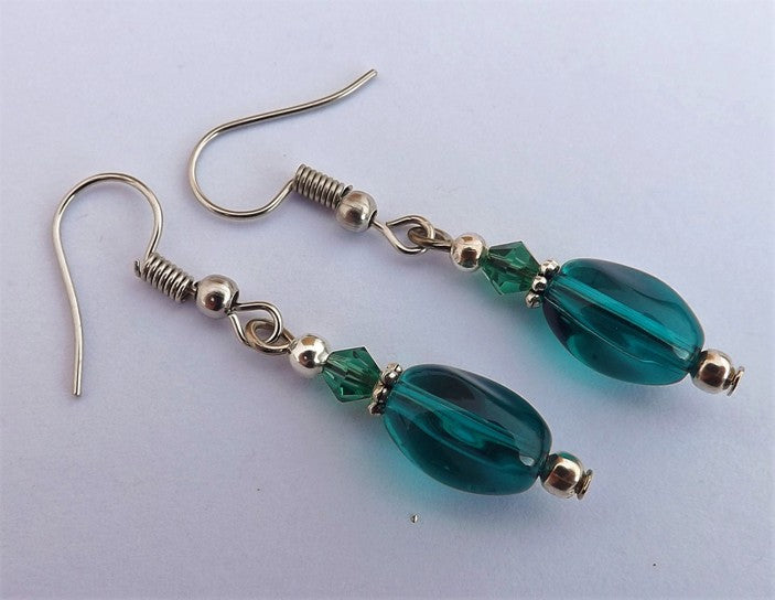 Oblong Teal Glass Bead Earrings