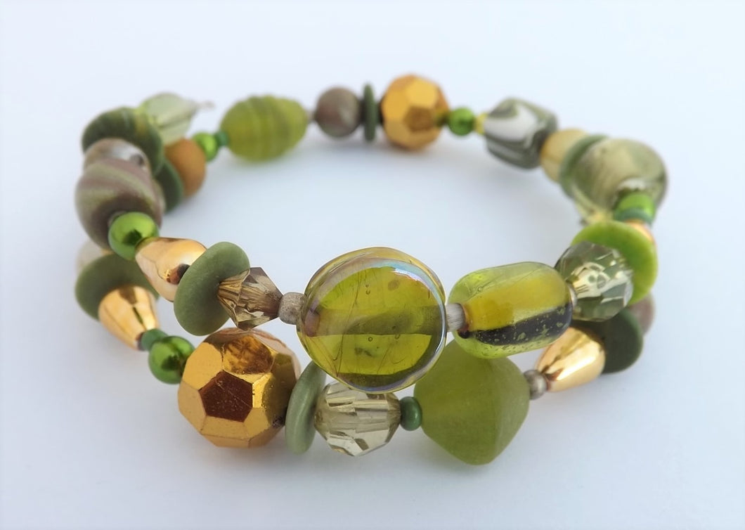 Olive Green & Gold Beads Memory Wire Bracelet