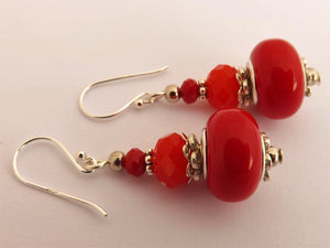 Opaque Red Acrylic Bead Earrings on Sterling Silver Hooks