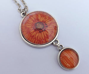 Orange Flower, Silver Tone Double Dome Pendant Necklace