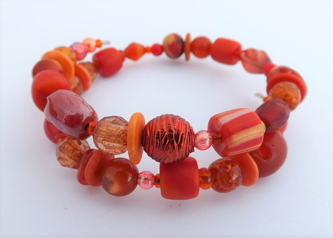 Orange Mix Beads Memory Wire Bracelet
