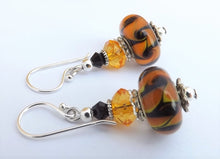 Load image into Gallery viewer, Orange &amp; Black Swirl Art Glass Earrings on Sterling Silver Hooks
