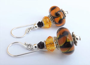 Orange & Black Swirl Art Glass Earrings on Sterling Silver Hooks